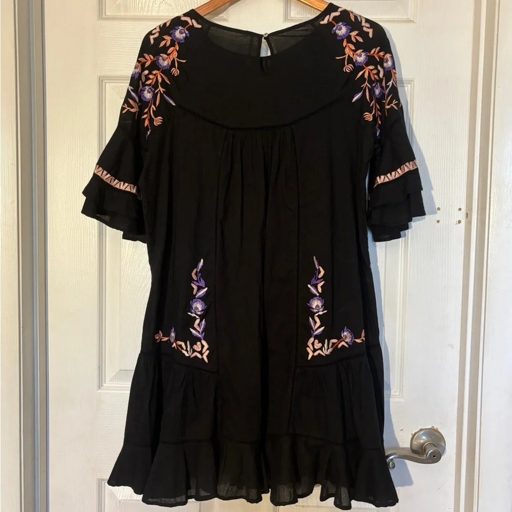 Free People Pavlo Baby Doll Embroidered Black Dress